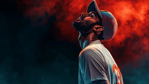 Confident athlete gazes upward in bold red and blue smoke