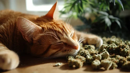 Ginger Tabby Cat Investigates Catnip Pile Indoors