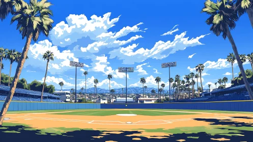 Sunlit palm-lined ballpark dreaming under endless blue sky.