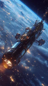 Orbital starship cuts across glowing nocturnal Earth