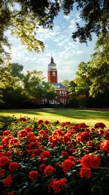 Historic Brick Building Framed by Spring Blooms.