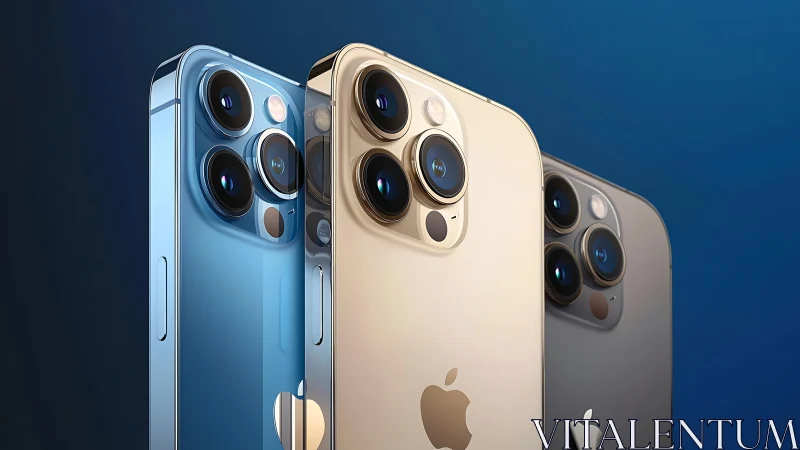 Three iPhone 13 Pro models display camera systems in blue, gold, and graphite finishes against gradi
