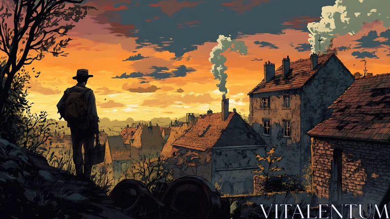 Warm sunset welcomes a lone traveler above a quiet village