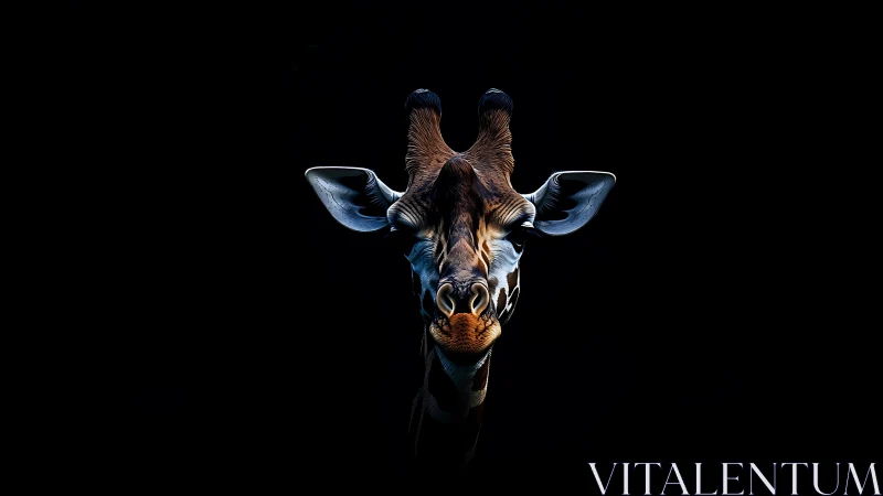 Low key frontal portrait of giraffe with rim lighting detail