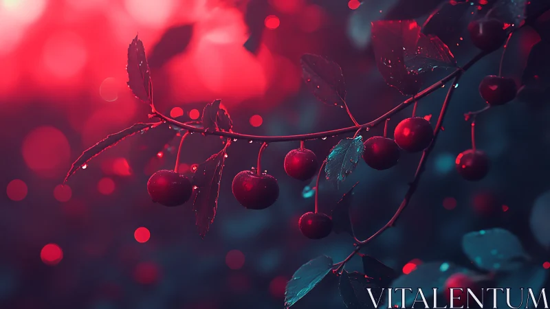 Cherry branch with water droplets under strong red lighting