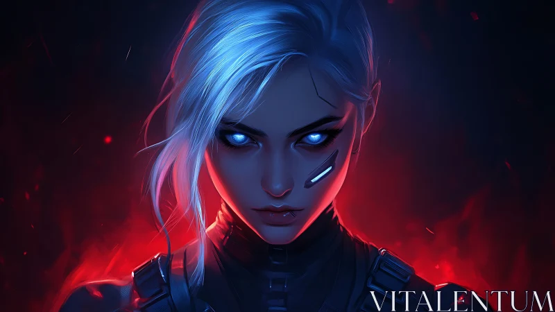 Cybernetic warrior portrait with neon contrast lighting.