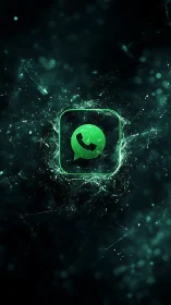 Neon WhatsApp emblem shatters through cosmic digital static.