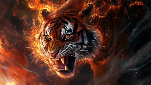 Inferno-roaring tiger spirit erupts from molten twilight.