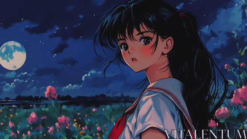 Moonlit student portrait in vibrant anime nightscape.