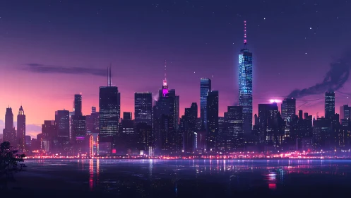Neon horizon cityline bathing in violet twilight hush.