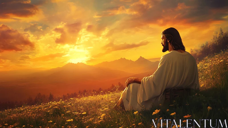 Sunset contemplation on a wildflower hillside with robed figure.