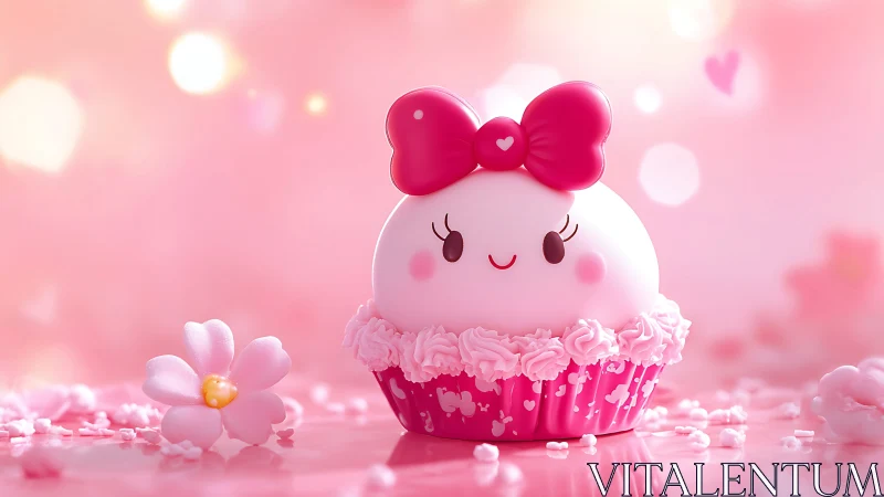 Cute Kawaii Cupcake Character in Pink Bow