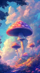 Giant luminous mushrooms under radiant fantasy sky.