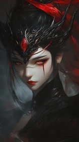 Dark robed female figure with ornate black crown and gem.