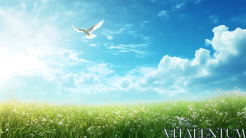 White dove soaring above sunlit wildflower meadow field.