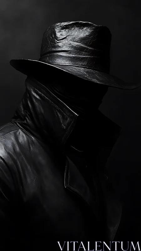 Shadowed trenchcoat drifter cloaked in midnight leather mystery.