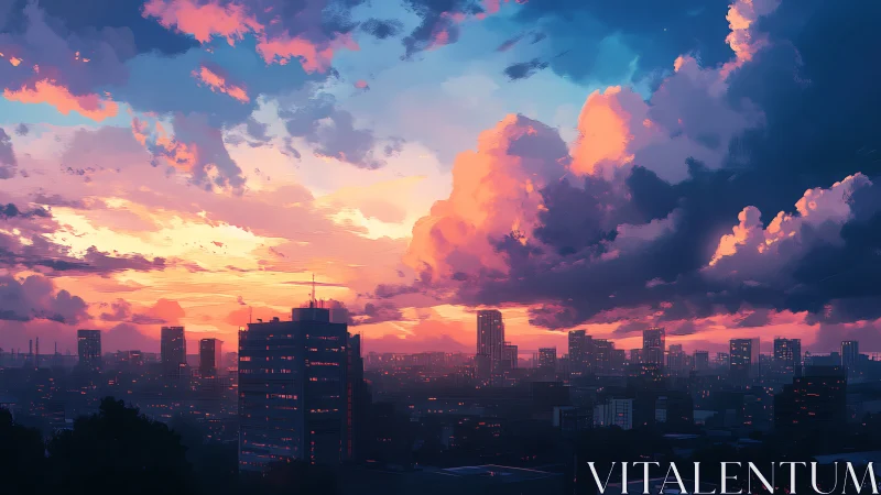 Digital city skyline under vivid sunset storm clouds.