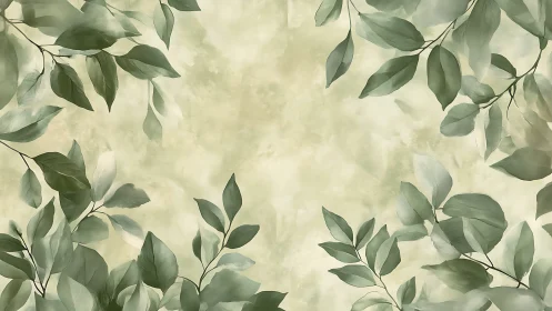 Layered botanical foliage framing soft desaturated watercolor field