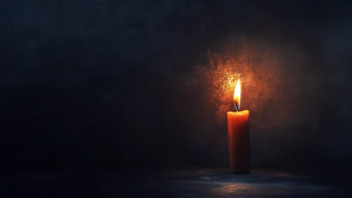 Solitary candle flame glows against deep textured darkness.