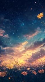 Starlit wildflower meadow whispering toward a glowing dawn.
