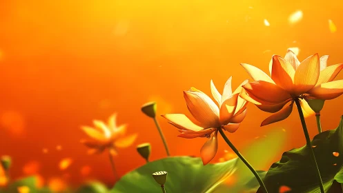 Golden Lotus Flowers Blooming Against Warm Sunset Sky.