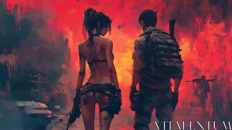 Two battle hardened survivors walk into the burning dusk together