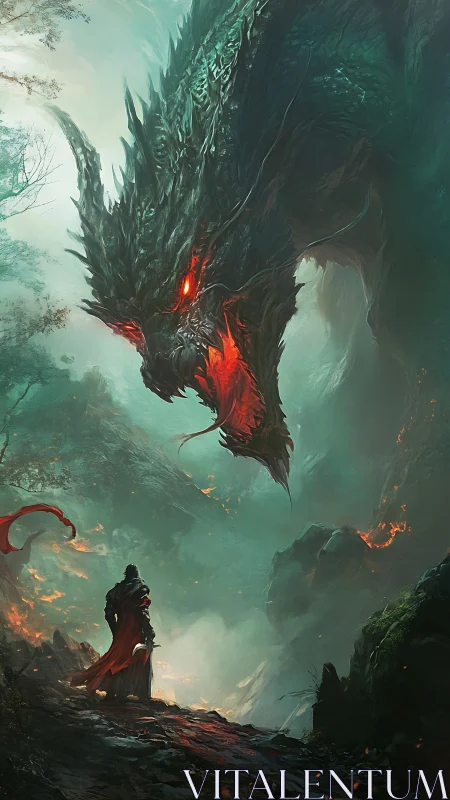 Lone warrior confronts colossal fire dragon in misty abyss