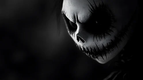 Grim jack-o-lantern skull glowers from the velvet dark.