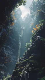 Sky-slashed canyon cradle where mist and wild blossoms rise.