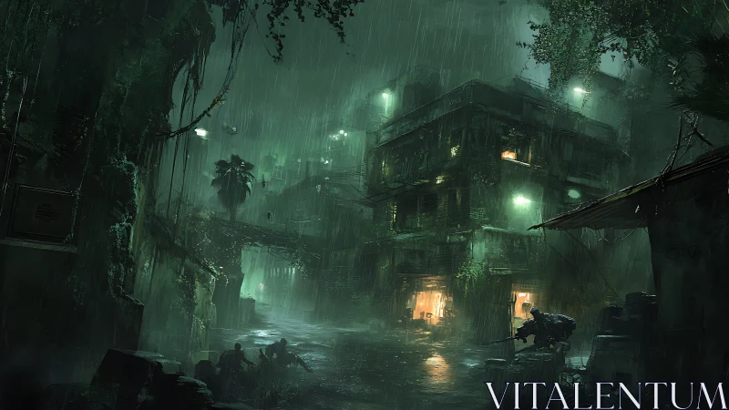 Rain-soaked cyberpunk alley shows overgrown ruins and armed scout