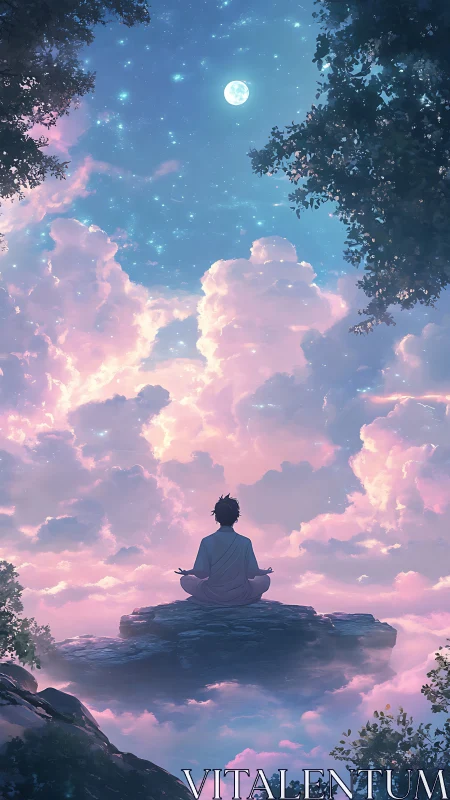 Solitary meditative figure suspended above luminous cloudscape
