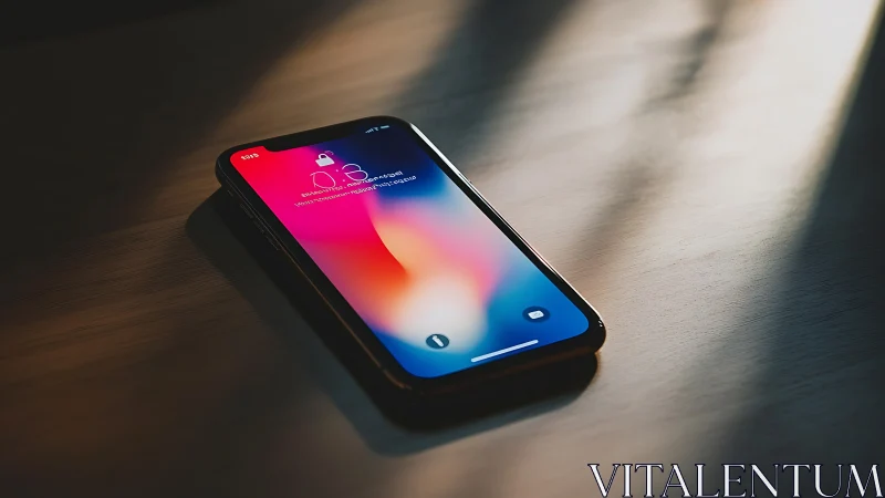 Smartphone with gradient wallpaper on wooden surface.