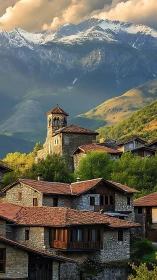 Sunlit stone village dreaming beneath rugged alpine giants.