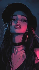 Digital portrait shows low-angle view of woman in hat