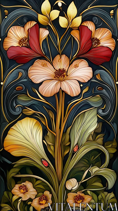 Art Nouveau botanical panel with stylized poppy florals