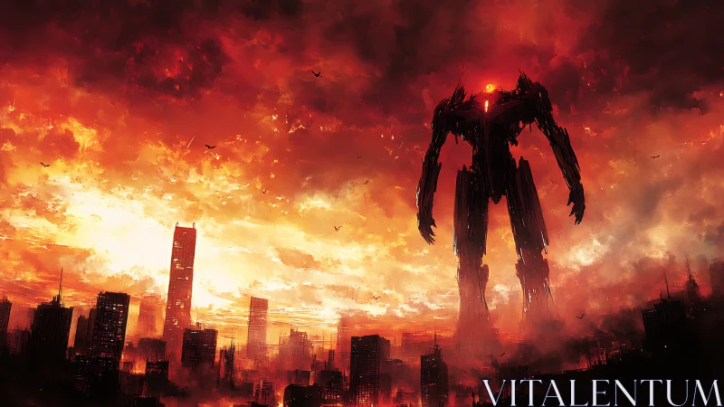 Colossal fiery mech strides over a city in burning twilight