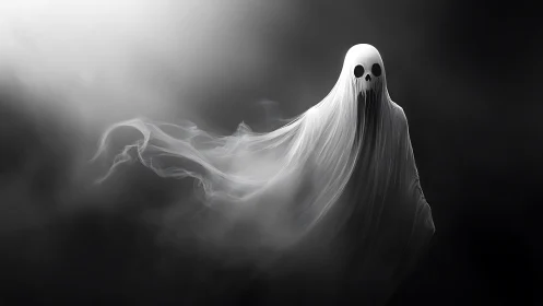 Ghostly wraith drifts through swirling monochrome mist.