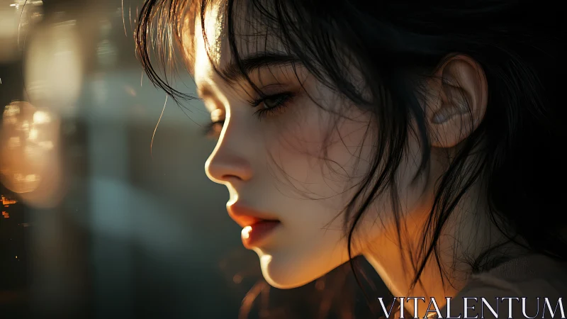 Soft side-profile portrait in warm cinematic light.