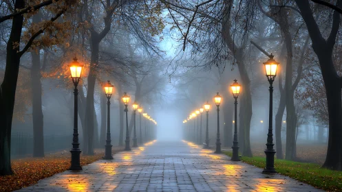 Foggy park promenade with glowing streetlamps at dusk.