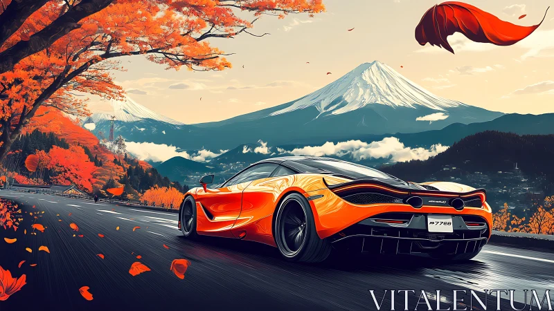 Autumn mountain highway with sleek orange supercar cruising.