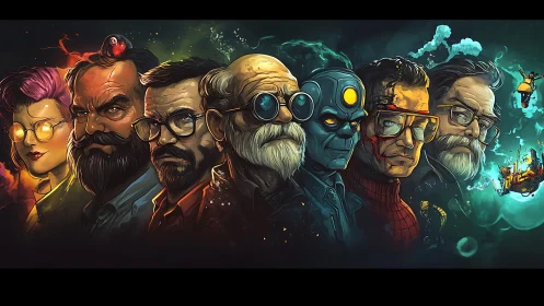 Digital painting lineup of stylized male portraits in neon spectrum.