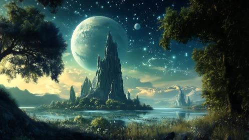 Celestial-lit alien lake with spired rock formations and dual moons