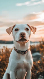 White dog portrait outdoors at sunset with warm background tones.