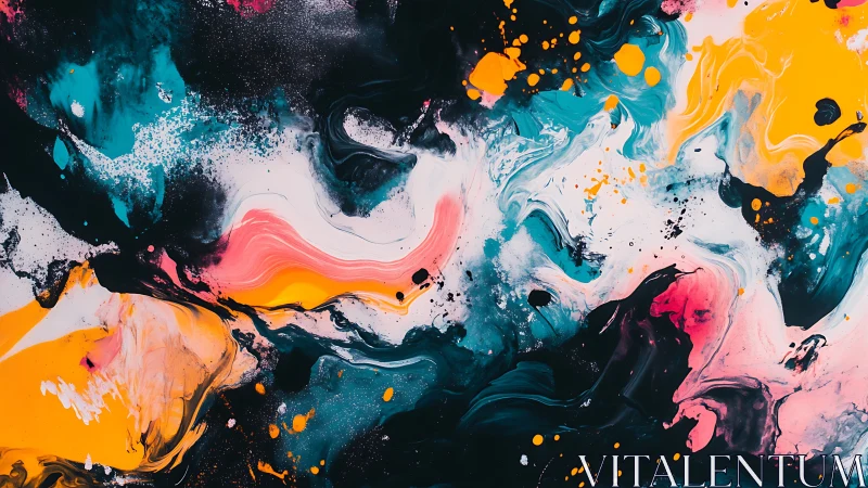 Cosmic paintstorm dances in teal, coral, and solar gold.