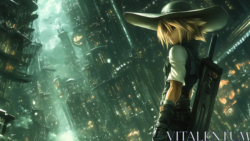 Figure with sword in dense green-lit futuristic cityscape.