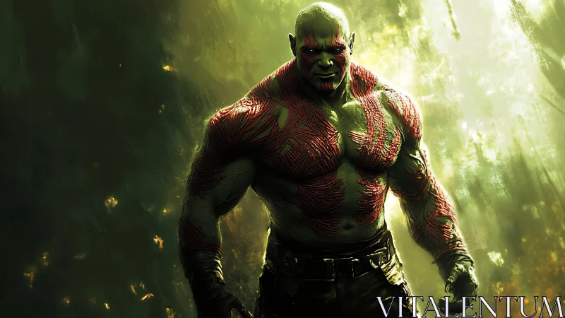 Powerful warrior strides through glowing forest light.