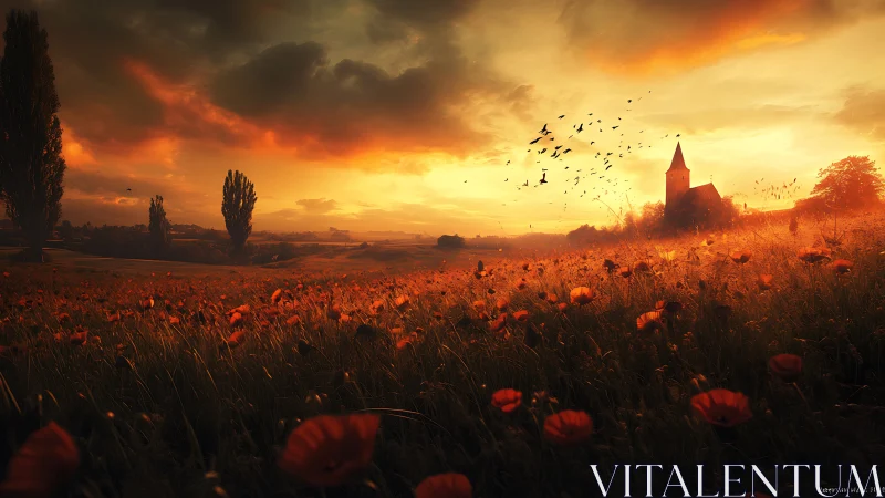 Sunset over rural poppy field with distant church silhouette.