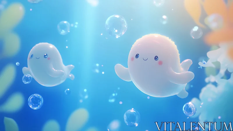 Soft-glow kawaii sea creatures rendered in luminous 3D