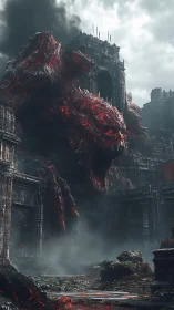 Colossal molten demon erupts from ruined stone fortress gate