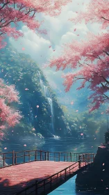 Pink wooden pier over lake beneath waterfalls and blossoms.